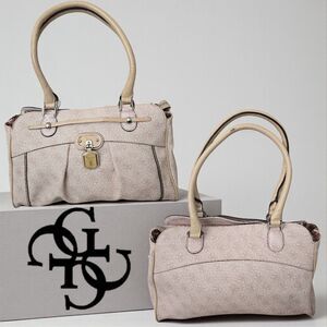 Guess Signature Logo Monogram Shoulder Satchel Handbag Beige